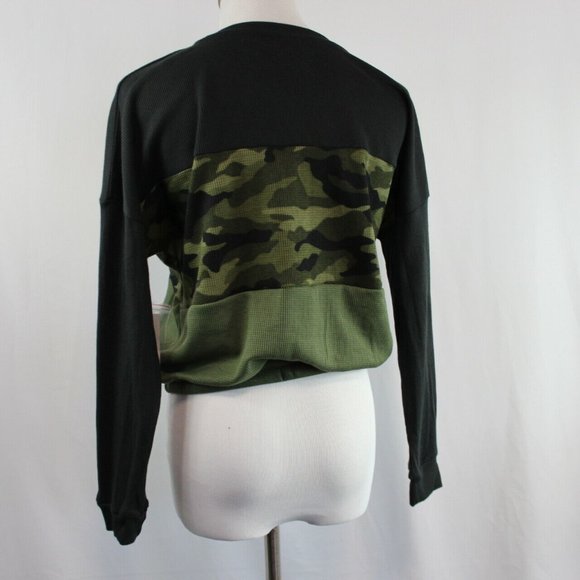 No Boundaries Juniors' Colorblock Top Long Sleeve Tie Waist Waffle Knit  Green - Picture 6 of 6